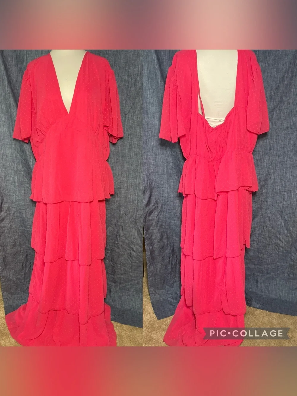 Boohoo Hot Pink Tiered V‑Neck Maxi Dress